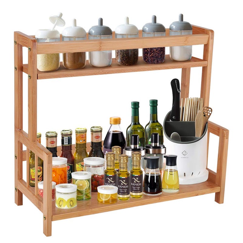 COOGOU Kitchen Countertop Organizer Bamboo Spice Rack - Coffee Station Organizer Countertop Shelf 2 Tier Storage Stand, Vintage Rustic Wooden Syrup Sauce Jar Bottle Spice Makeup Display Holder - Image 1